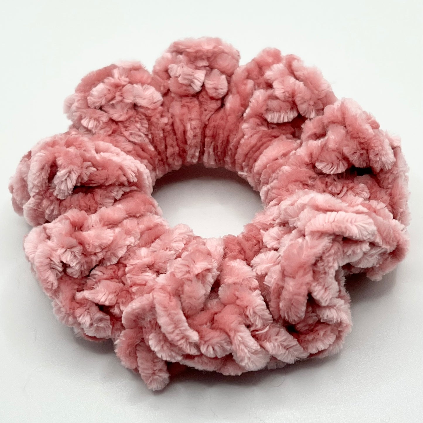Pink velvet crochet scrunchie