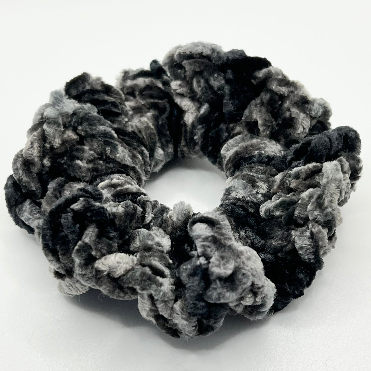 Crushed black velvet crochet scrunchie