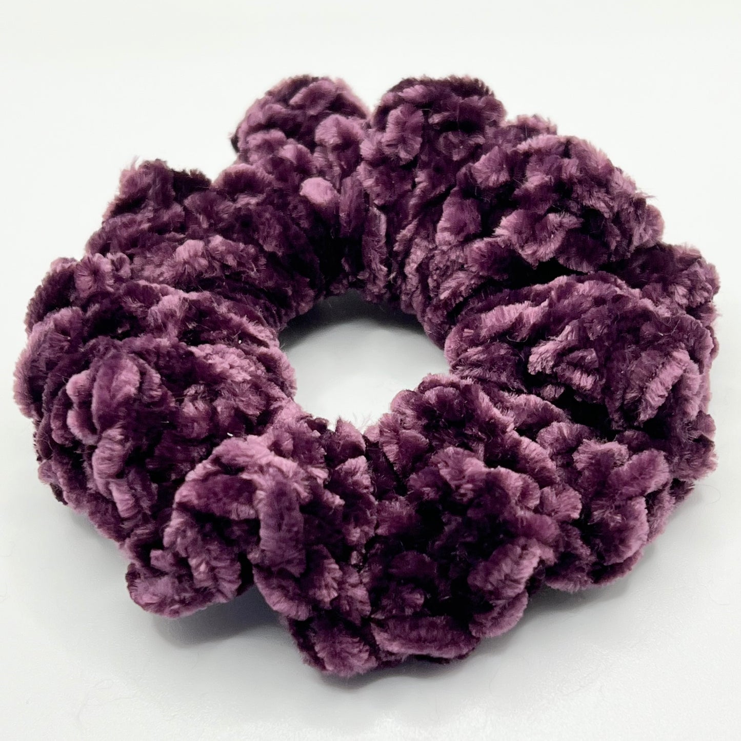 Purple velvet crochet scrunchie