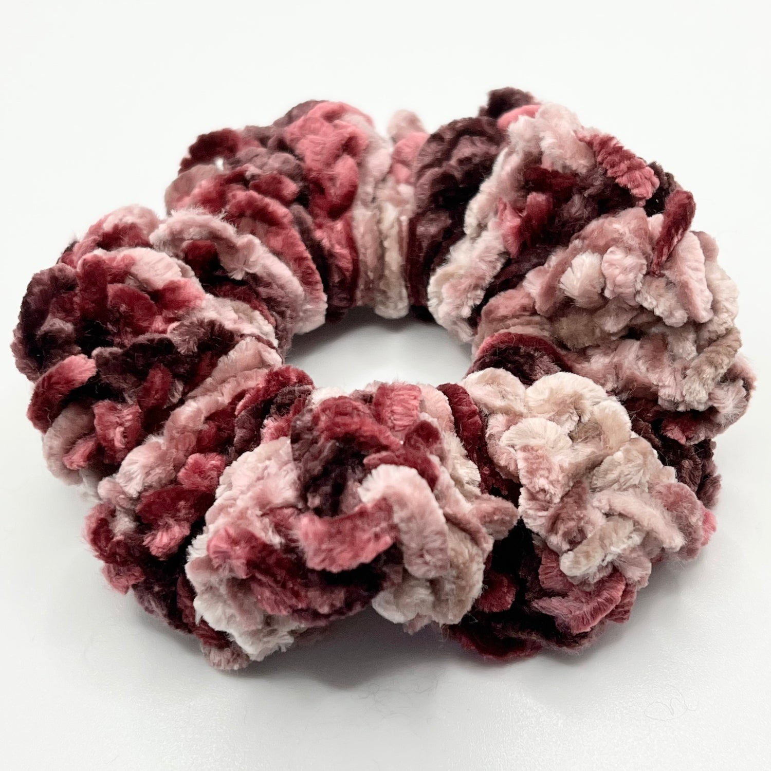 Crushed pink velvet crochet scrunchie