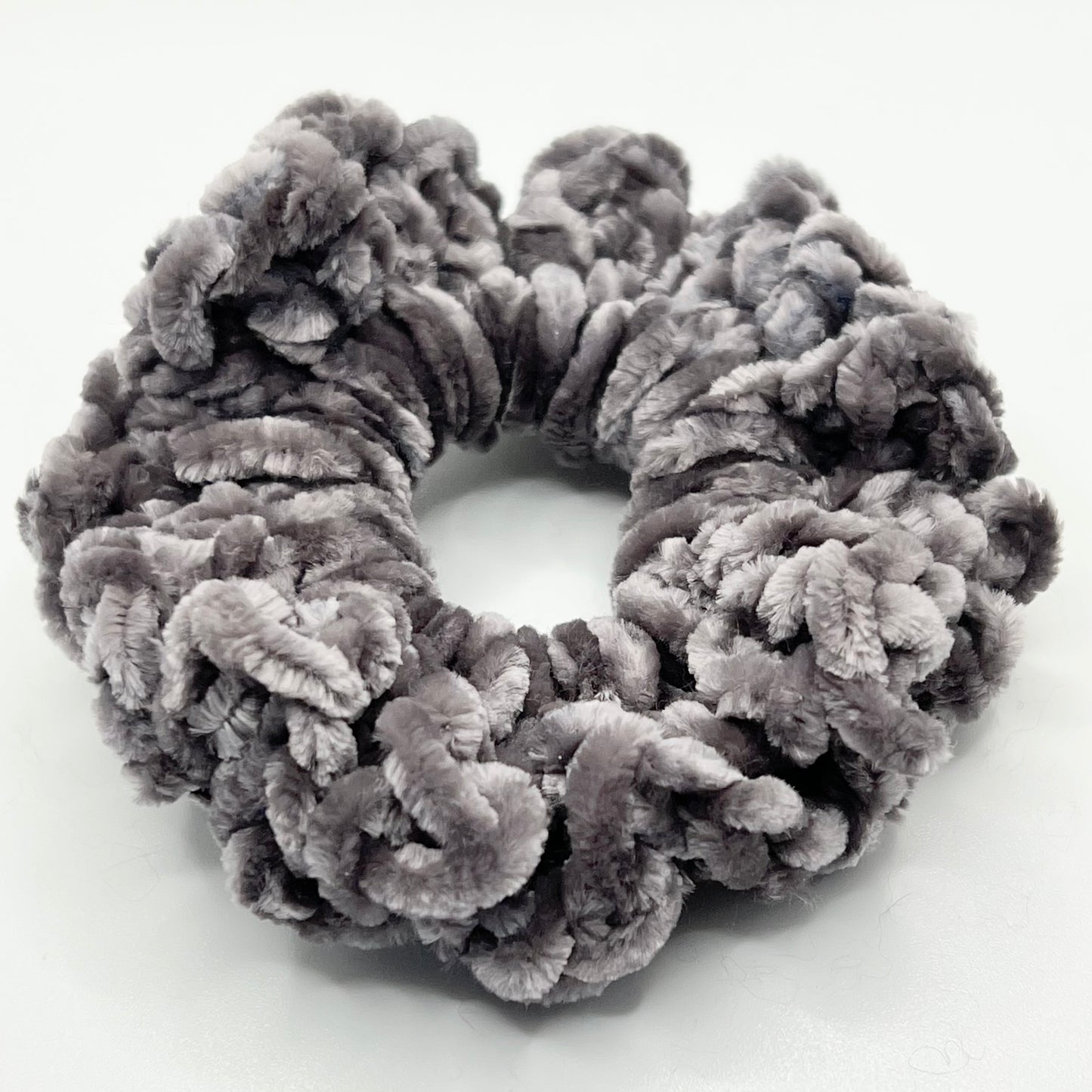 Gray velvet crochet scrunchie