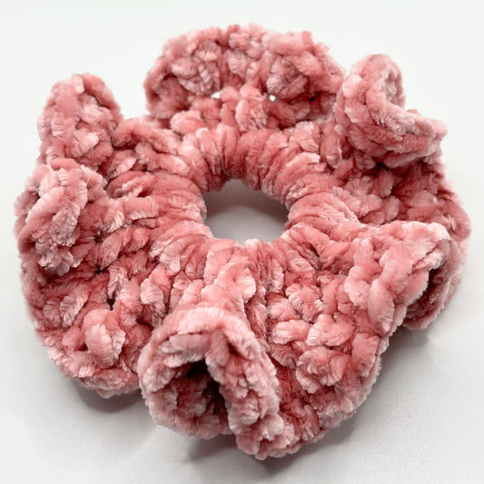 Pink fluffy velvet crochet scrunchie