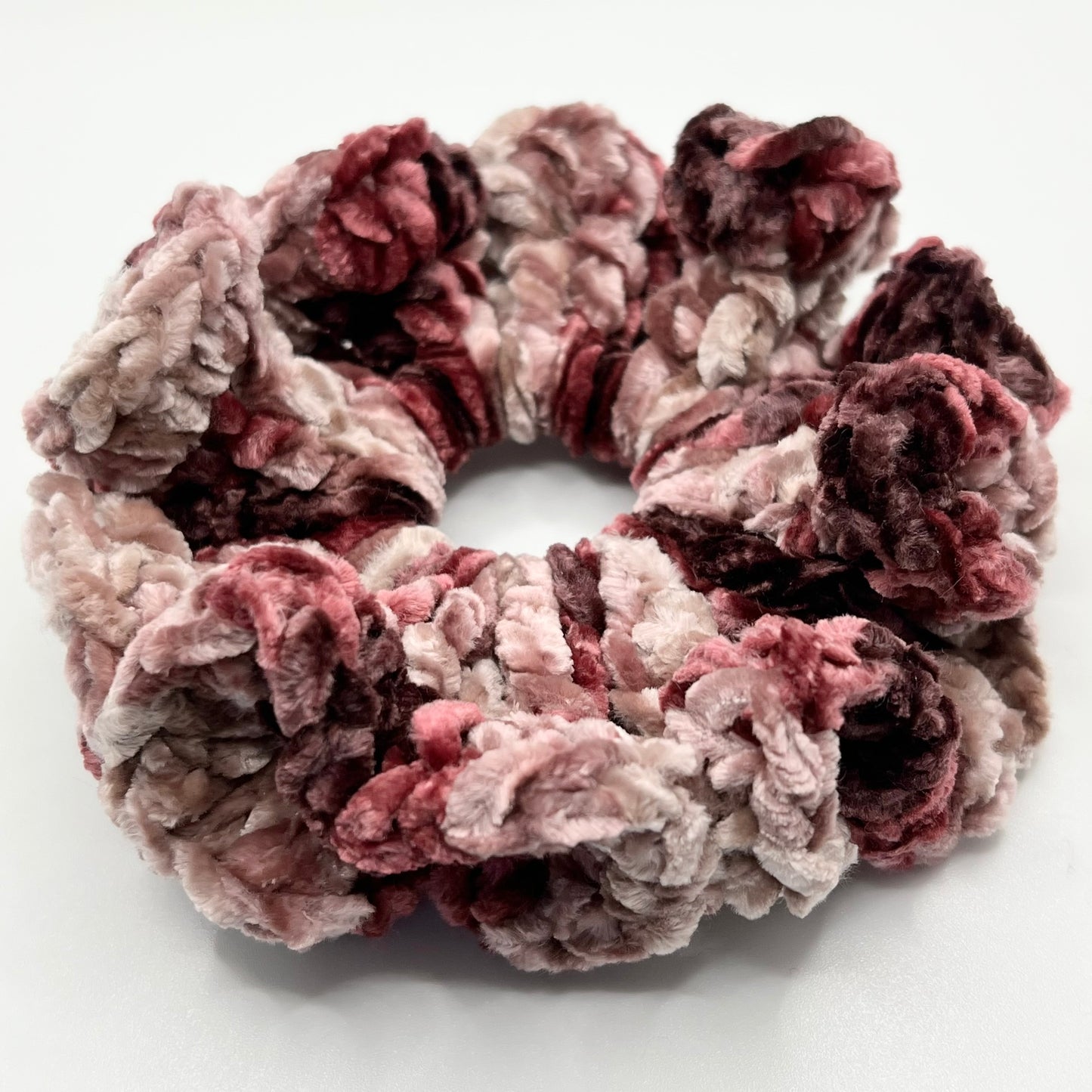 Crushed pink fluffy velvet crochet scrunchie