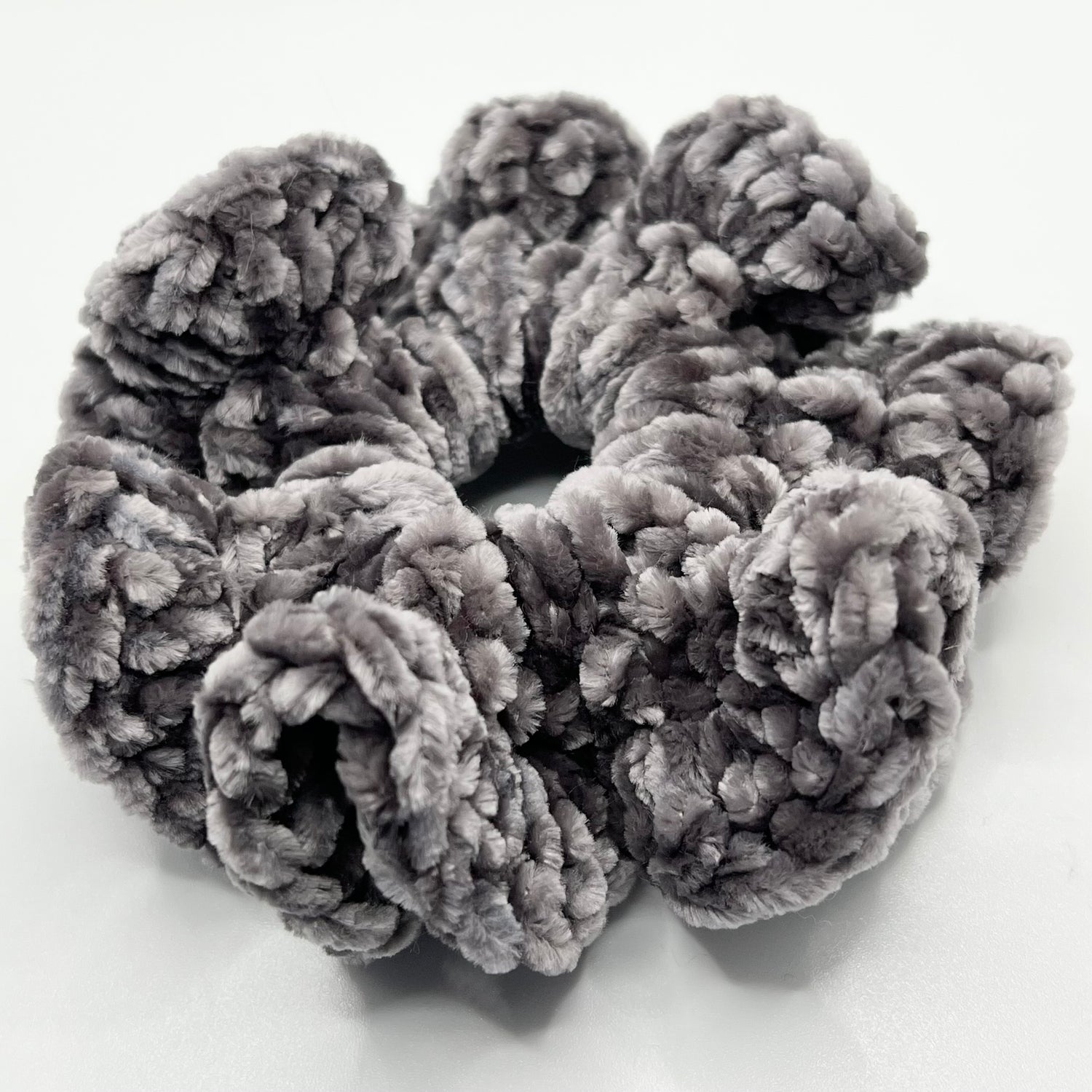 Gray fluffy velvet crochet scrunchie