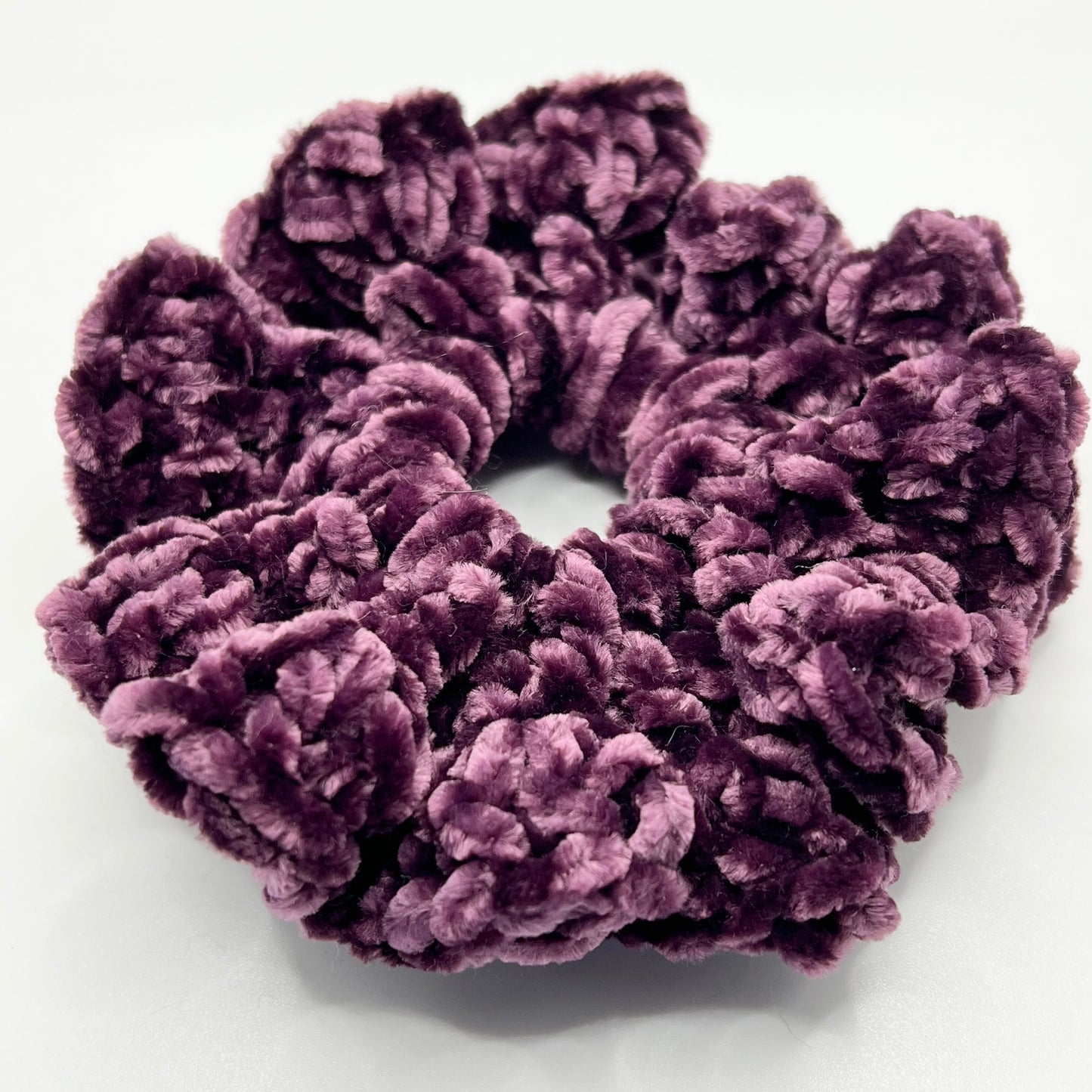 Purple fluffy velvet crochet scrunchie