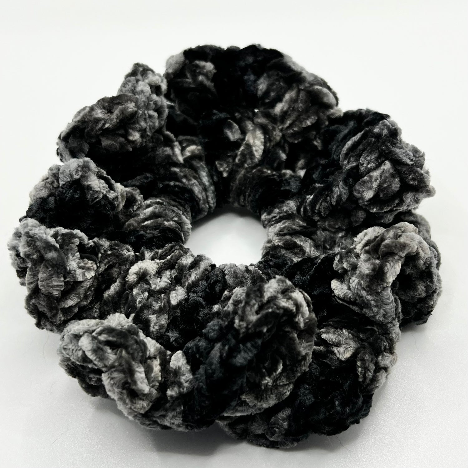 Crushed black fluffy velvet crochet scrunchie