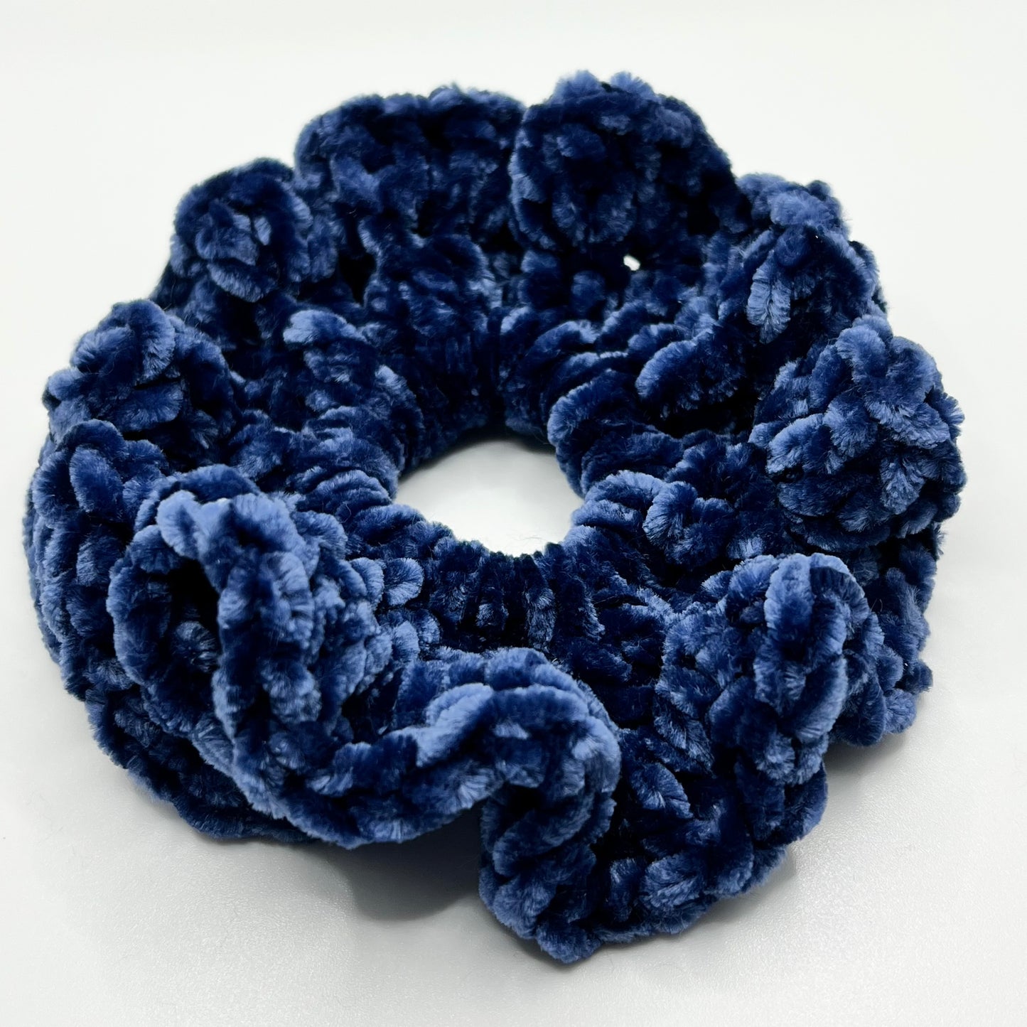Blue fluffy velvet crochet scrunchie